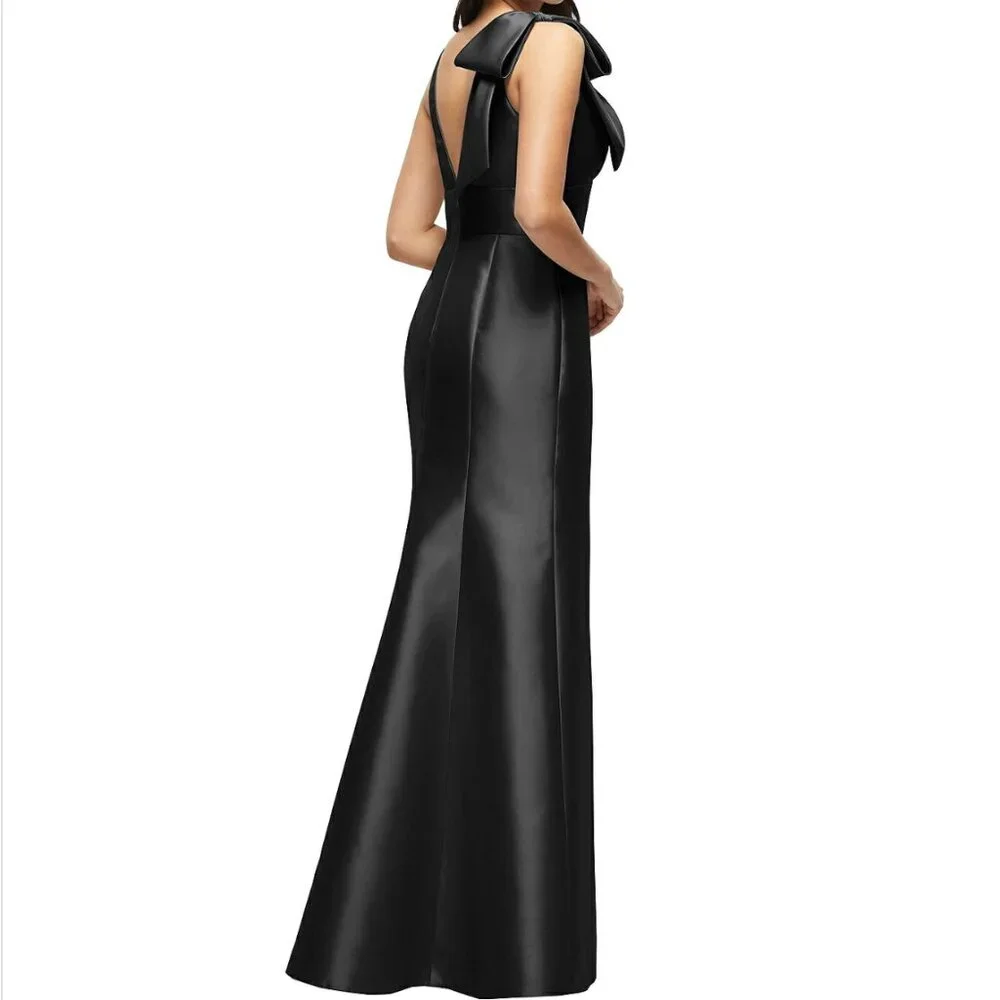 ALFRED SUNG Black Satin V-Neck Bow Shoulder Evening Gown - Picture 2 of 2